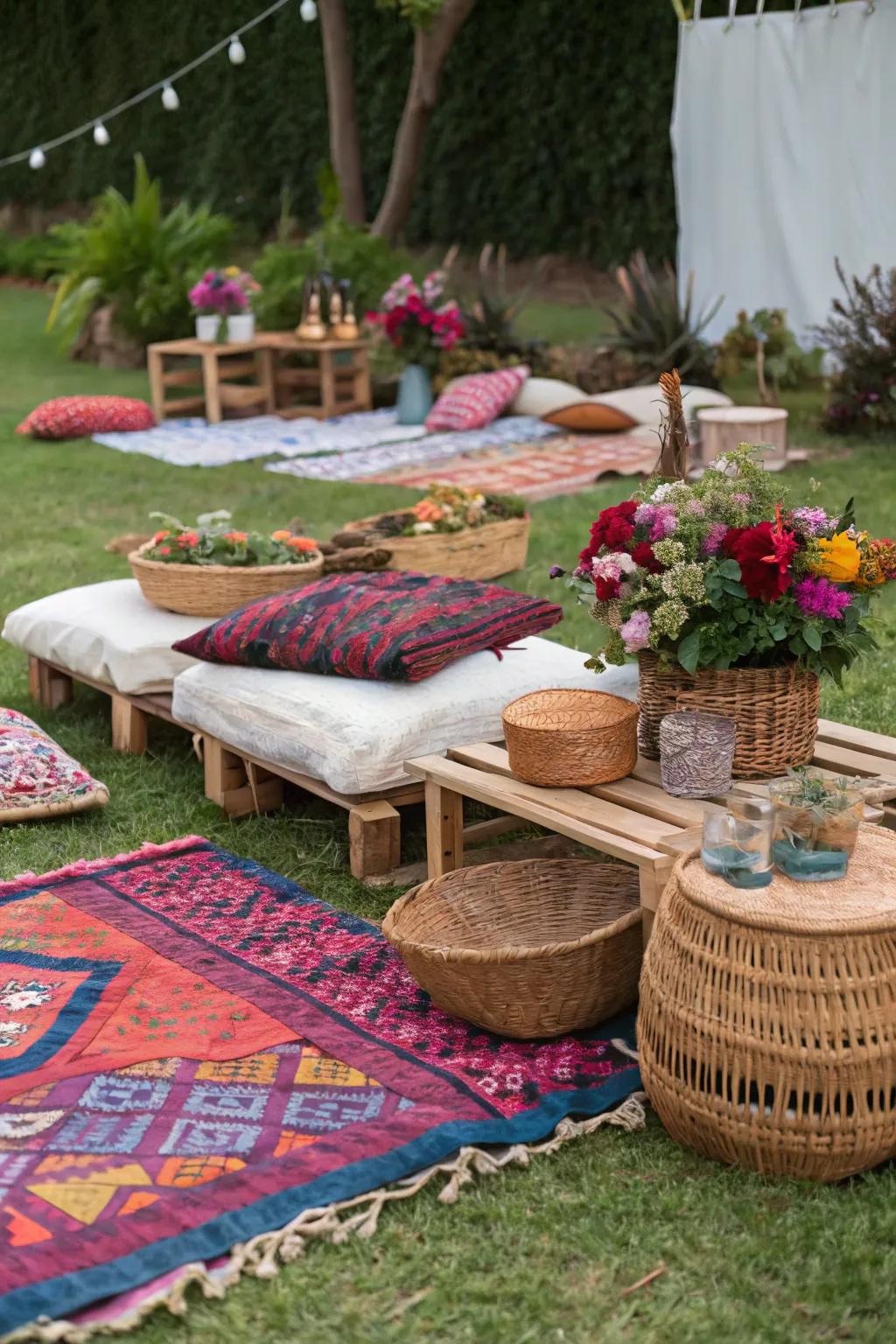 Relax in style with a bohemian-inspired picnic setup.