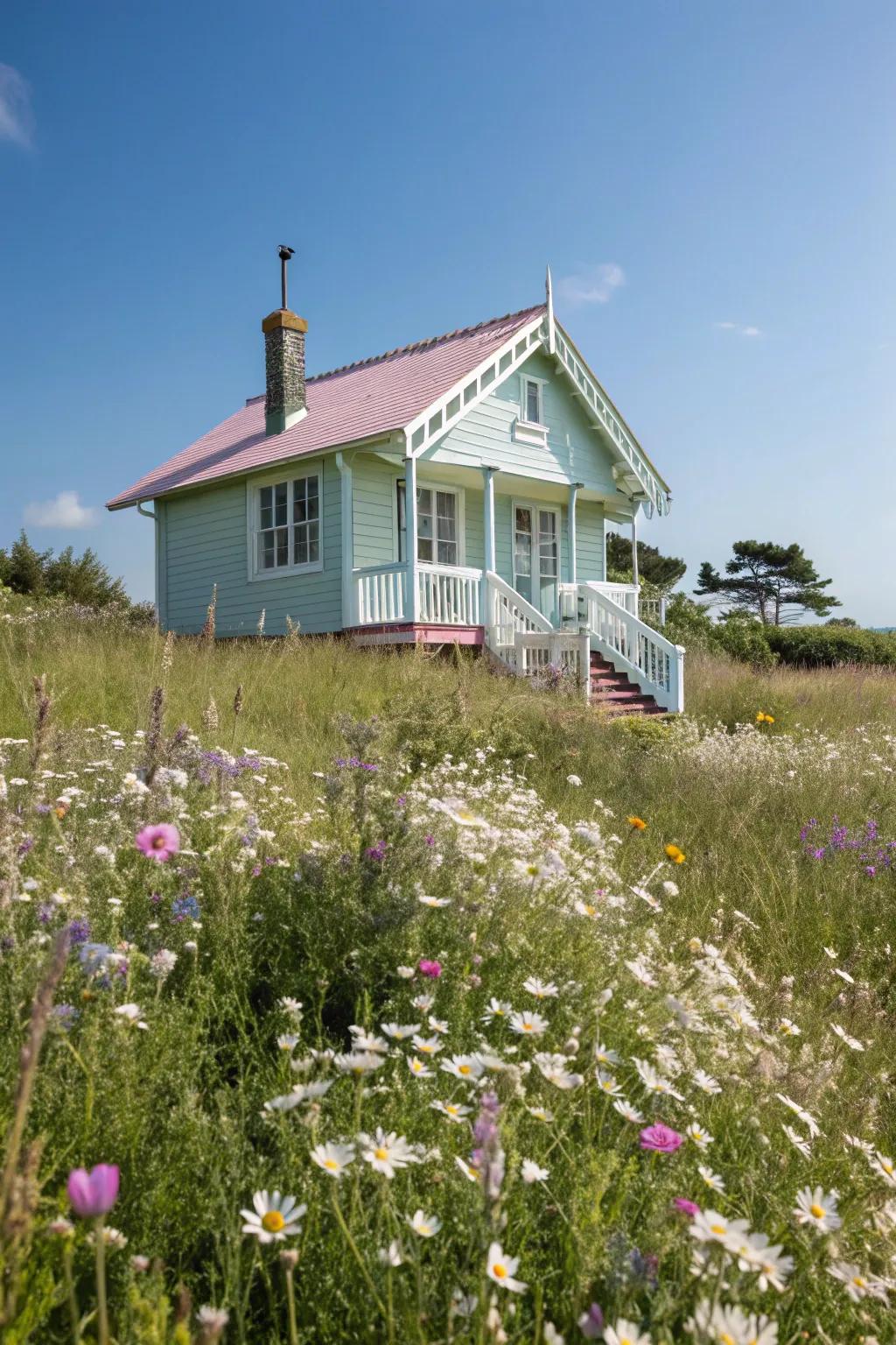 A serene summer house in soft pastels, nestled among wildflowers.