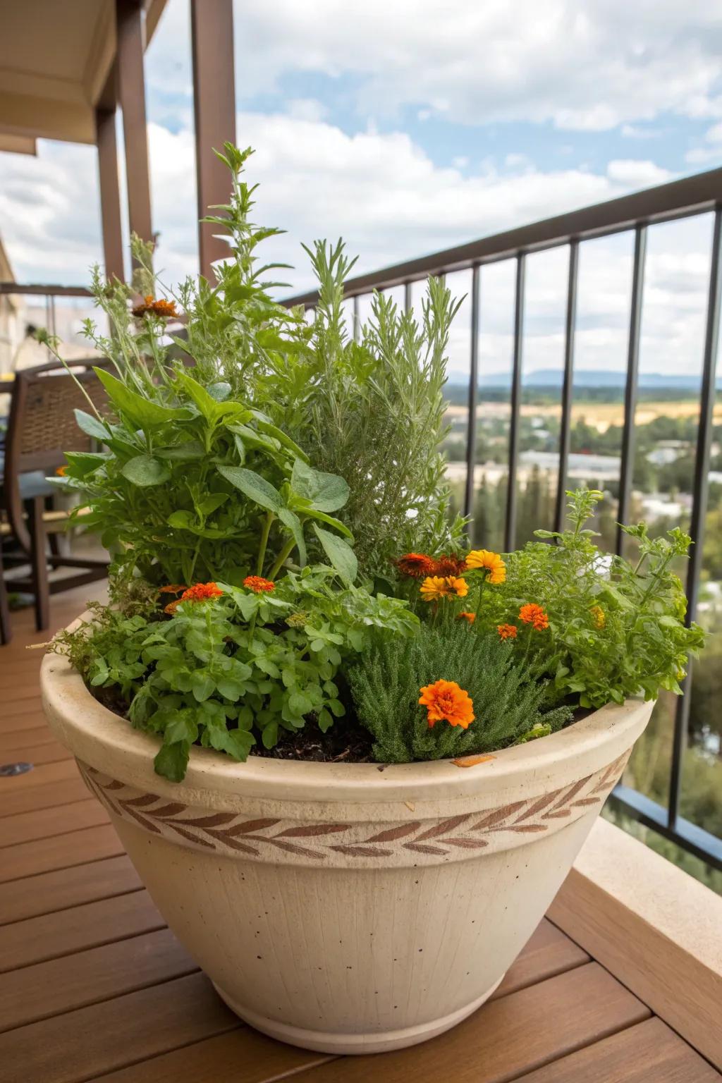 Herbs and marigolds in a ceramic pot