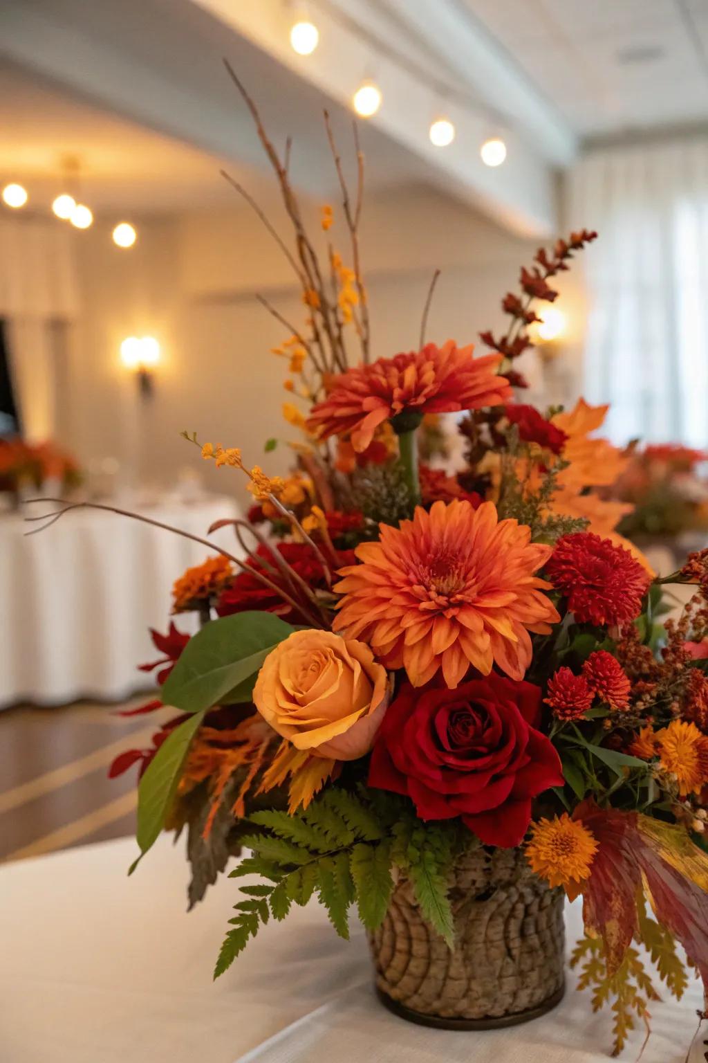 A seasonal flower centerpiece capturing the warm hues of autumn.