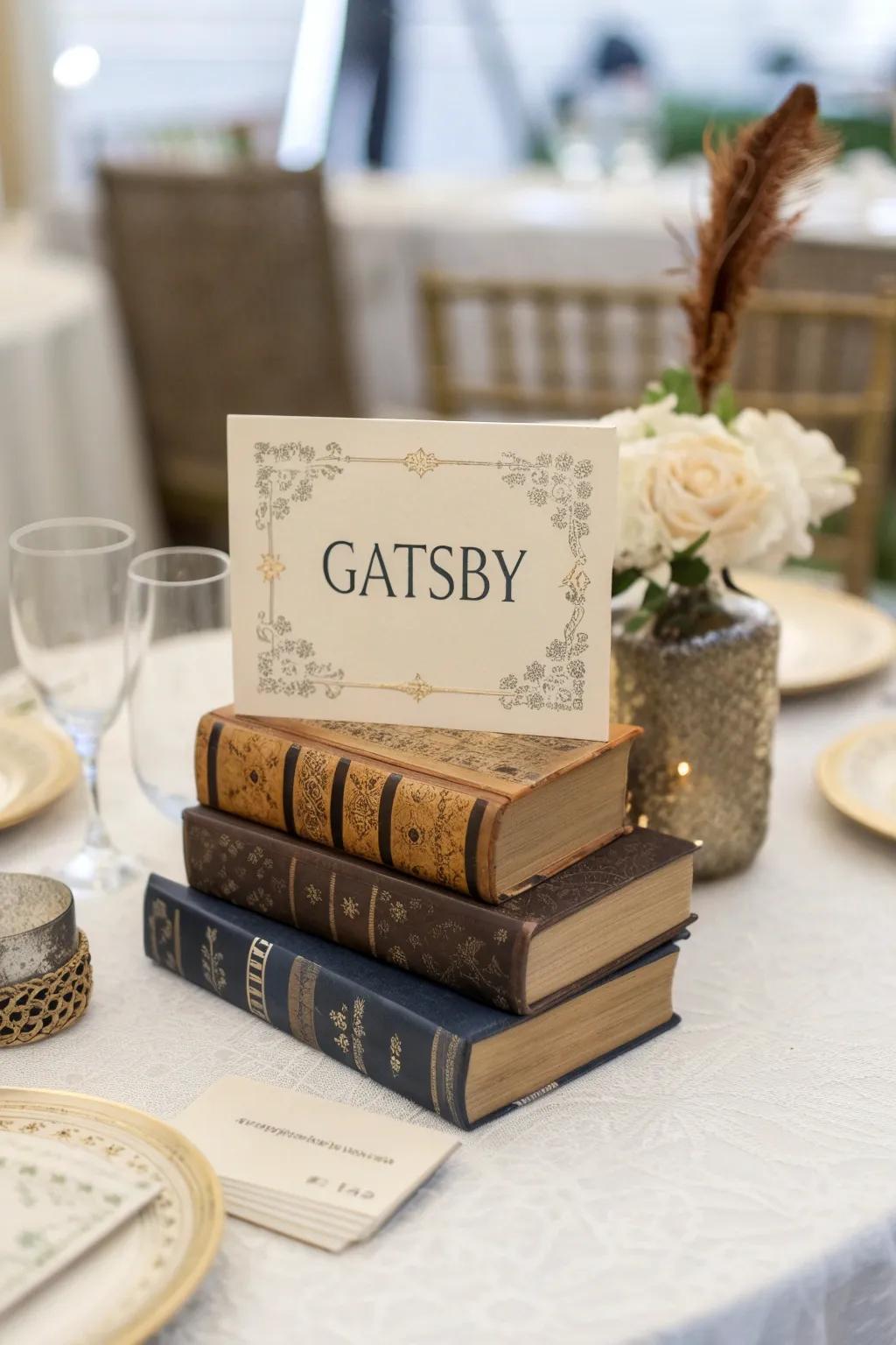 Literary-inspired table names add a whimsical touch.