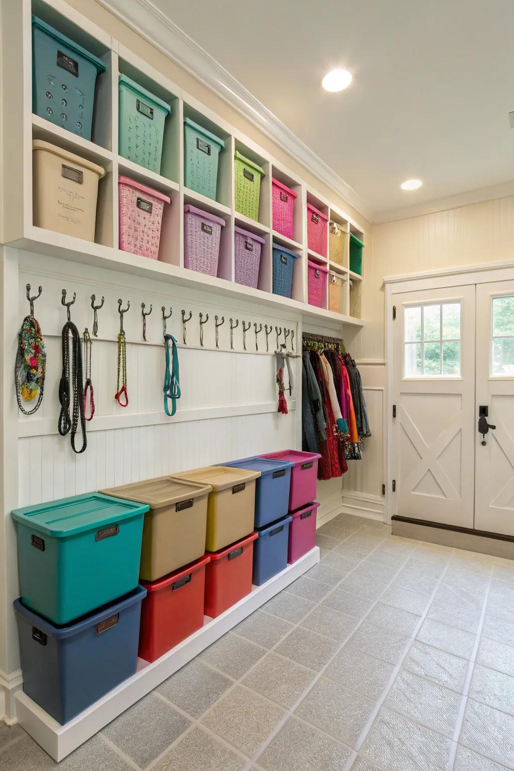 Color-coordinated storage in a tack room for a cohesive appearance.