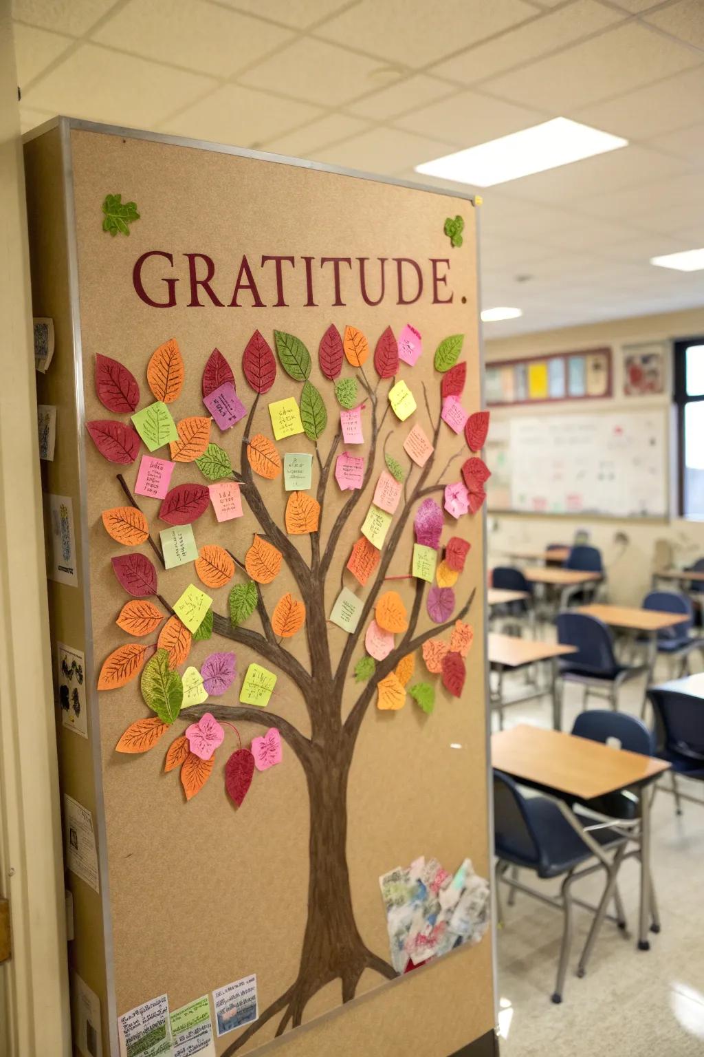 A thankfulness tree adorned with heartfelt messages from students.