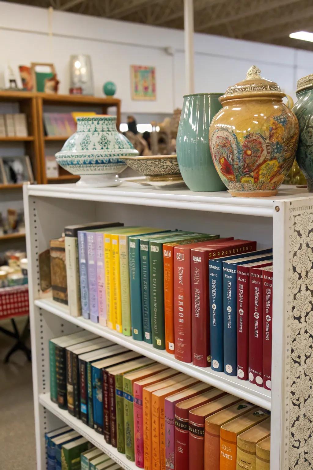 A vibrant shelf display with color-coordinated books.