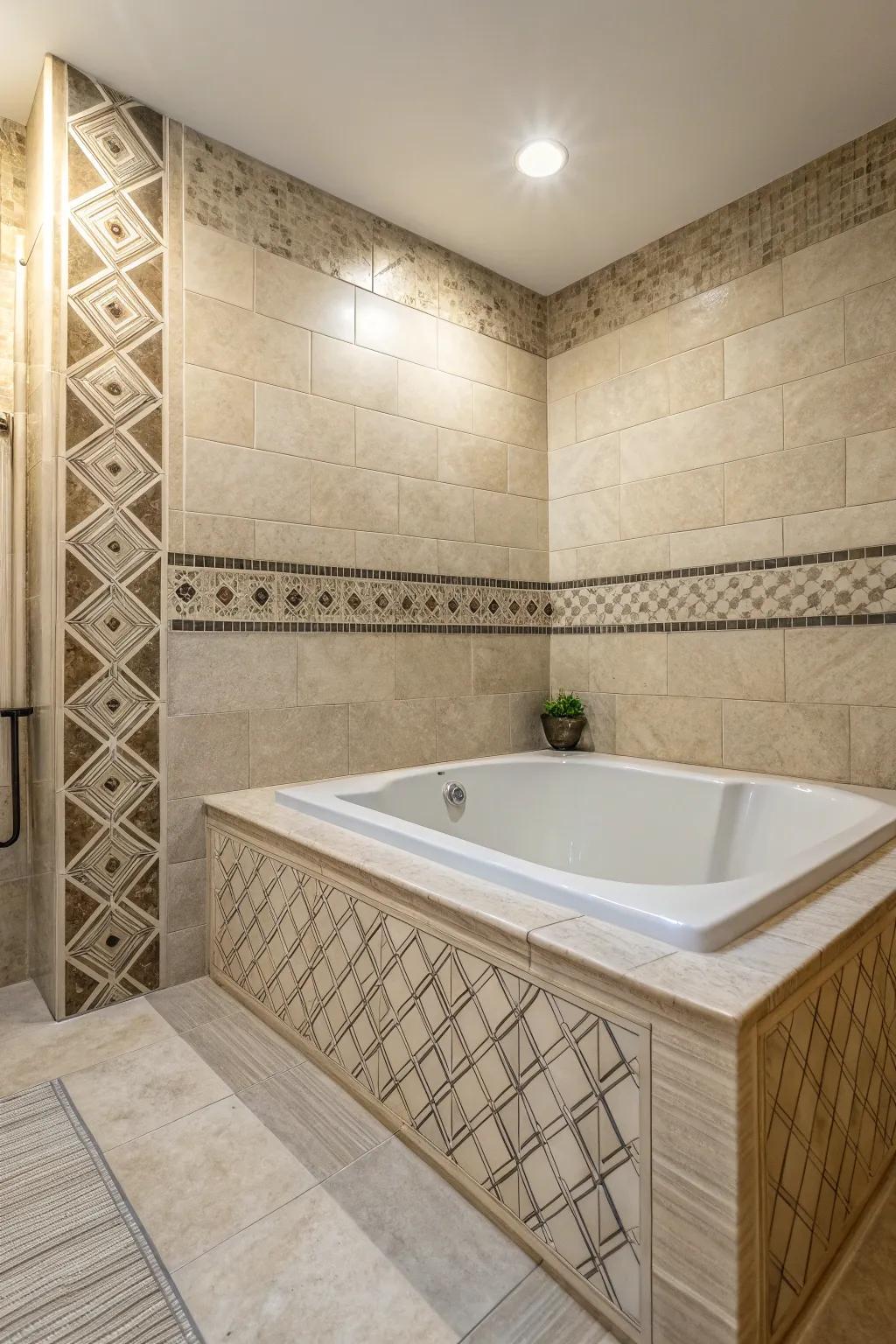 Textured tiles enhance the visual and tactile appeal of your bathtub area.