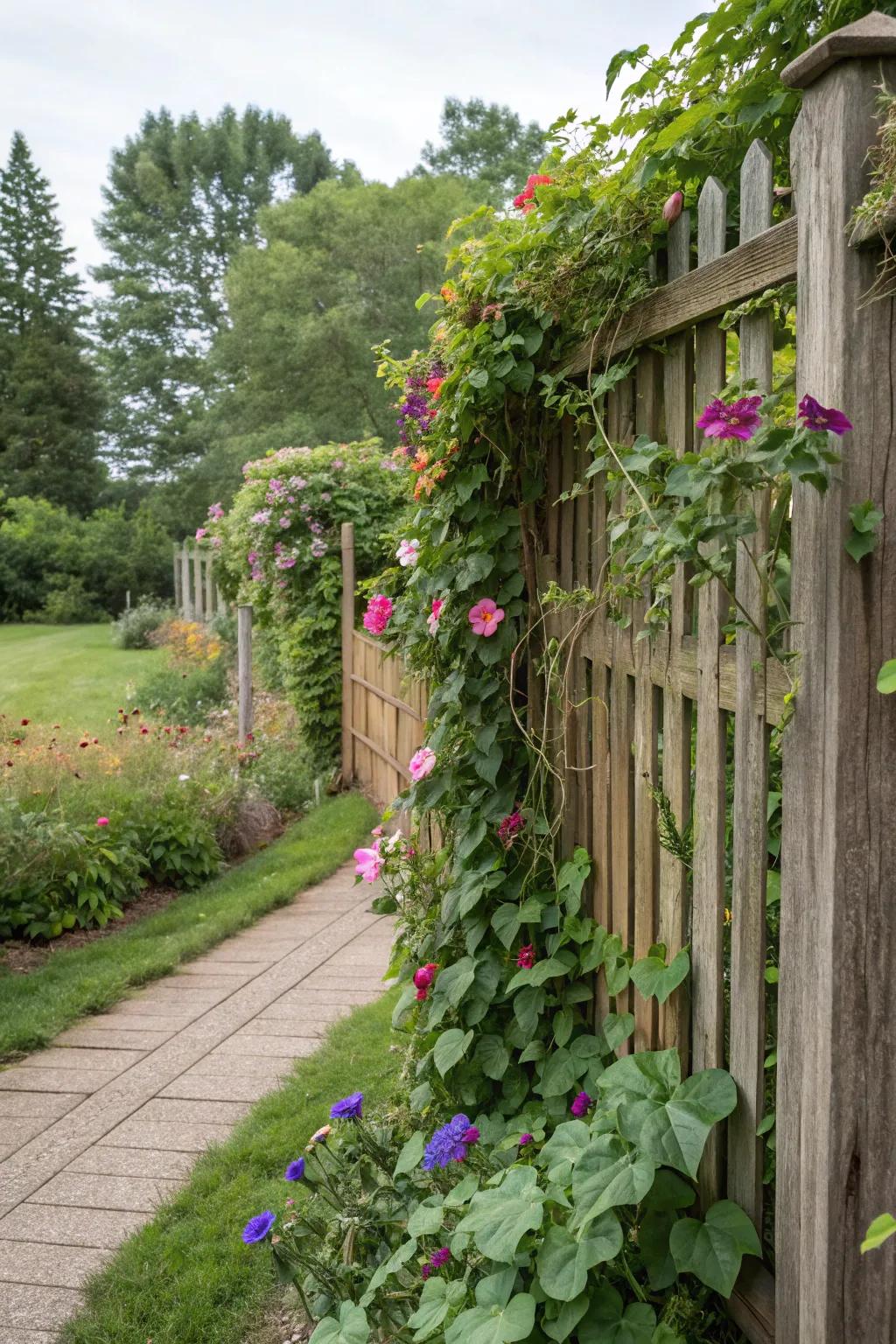 Integrate your fence with nature using climbing plants.