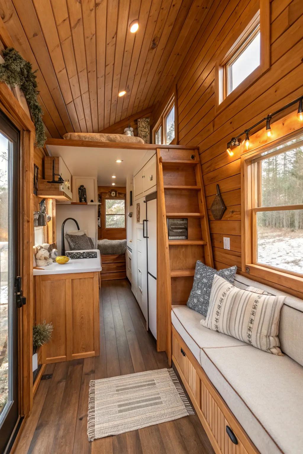 Wood accents bring warmth and charm to this tiny house.