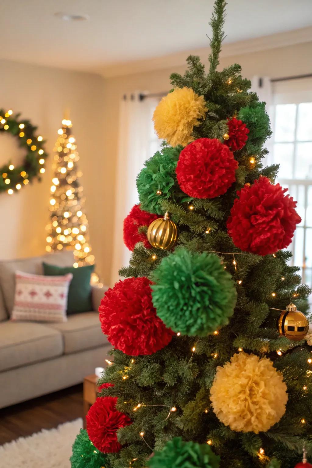 Pom-poms make for fun and safe tree decorations.