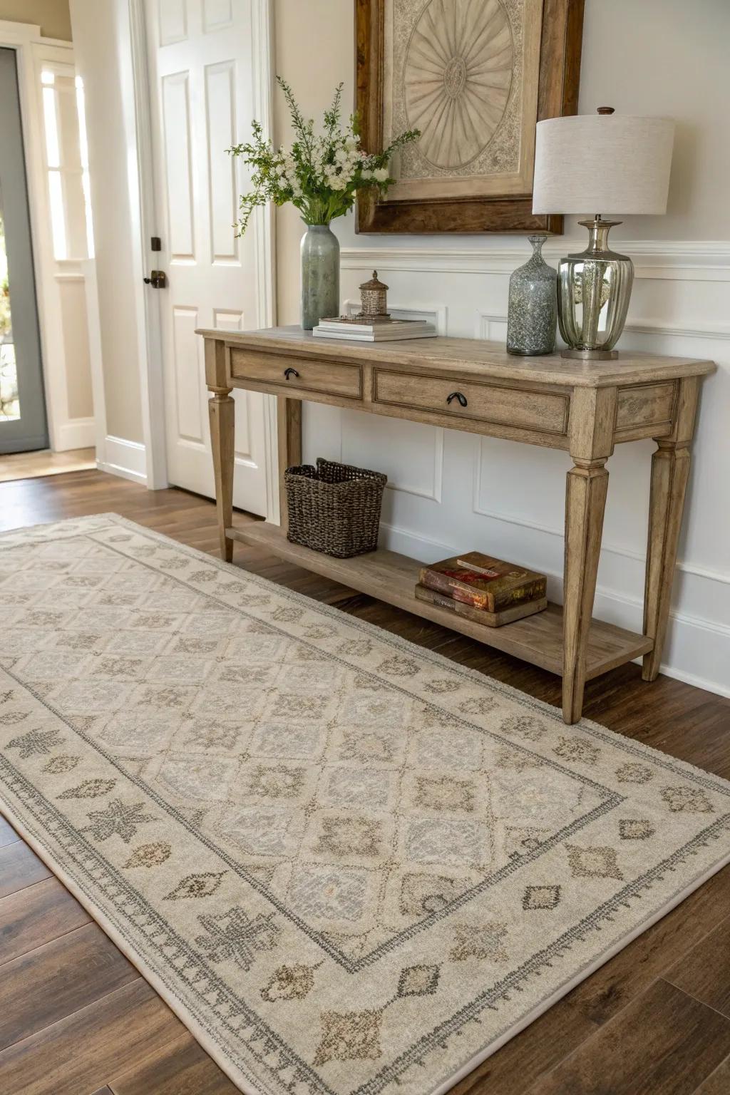 A well-chosen rug can anchor your entryway and add a welcoming touch.