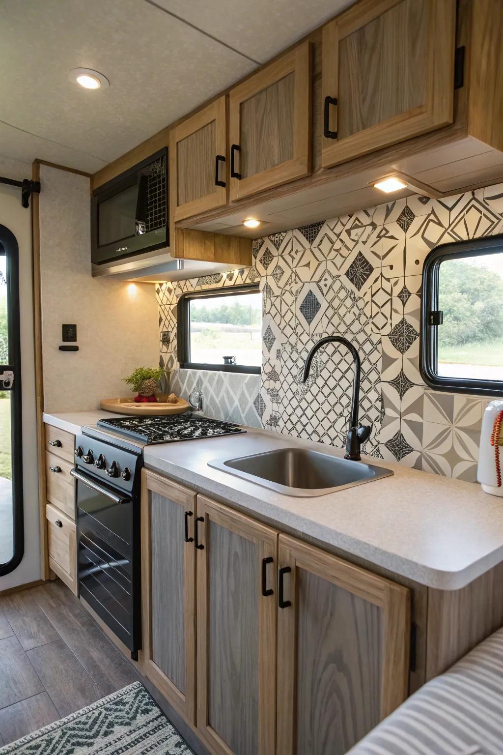 Geometric patterns bring a modern and artistic touch to your RV kitchen.