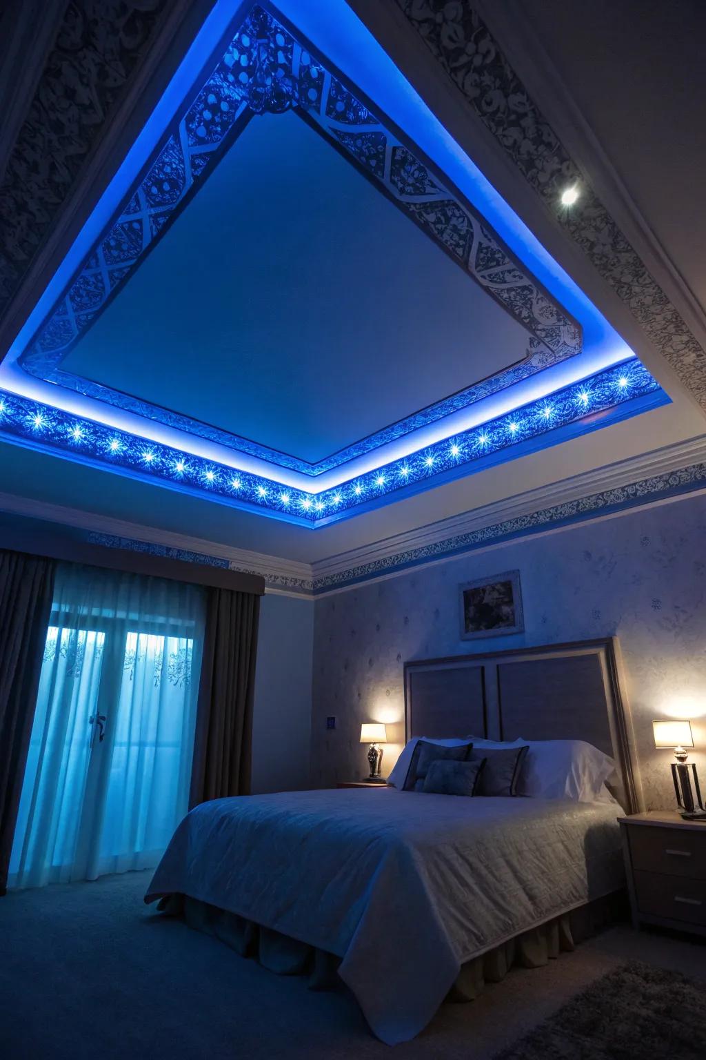 A bedroom featuring blue LED strip lighting for a modern touch.