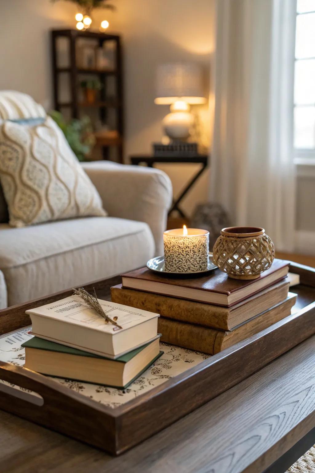 Books on a tray add character and depth to your living room.