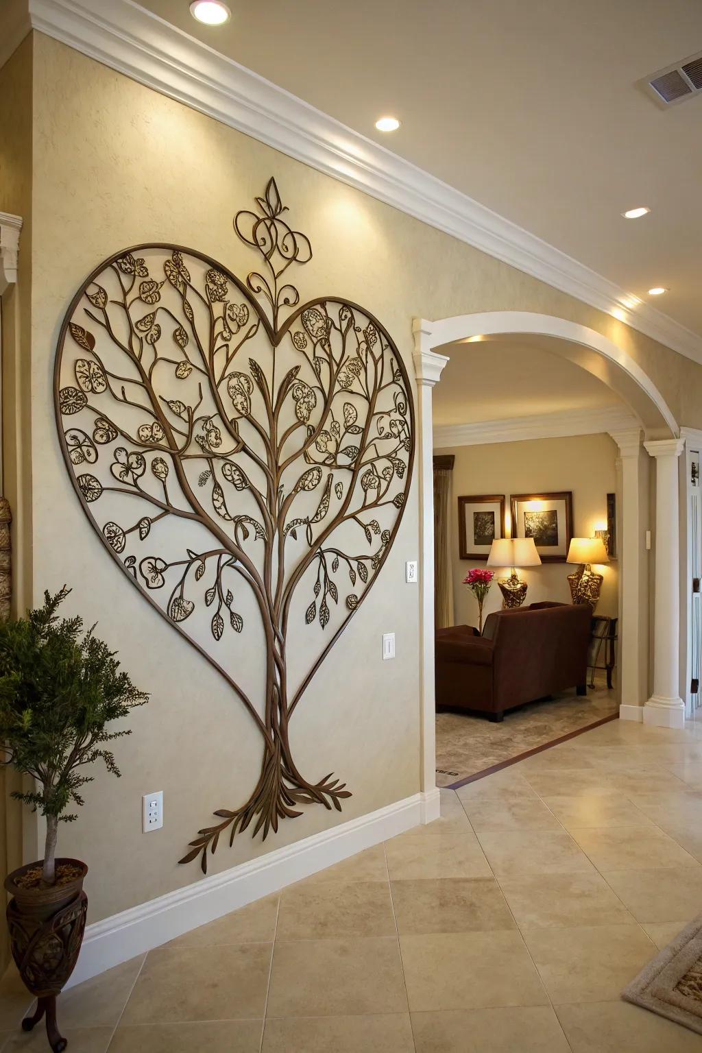 Heart-shaped Tree of Life metal art adorns a foyer wall.