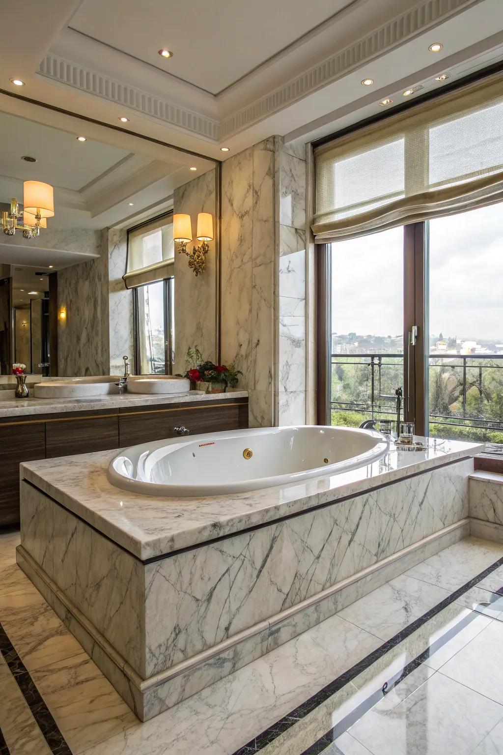 A tub deck with luxurious marble surfaces that elevate the space.