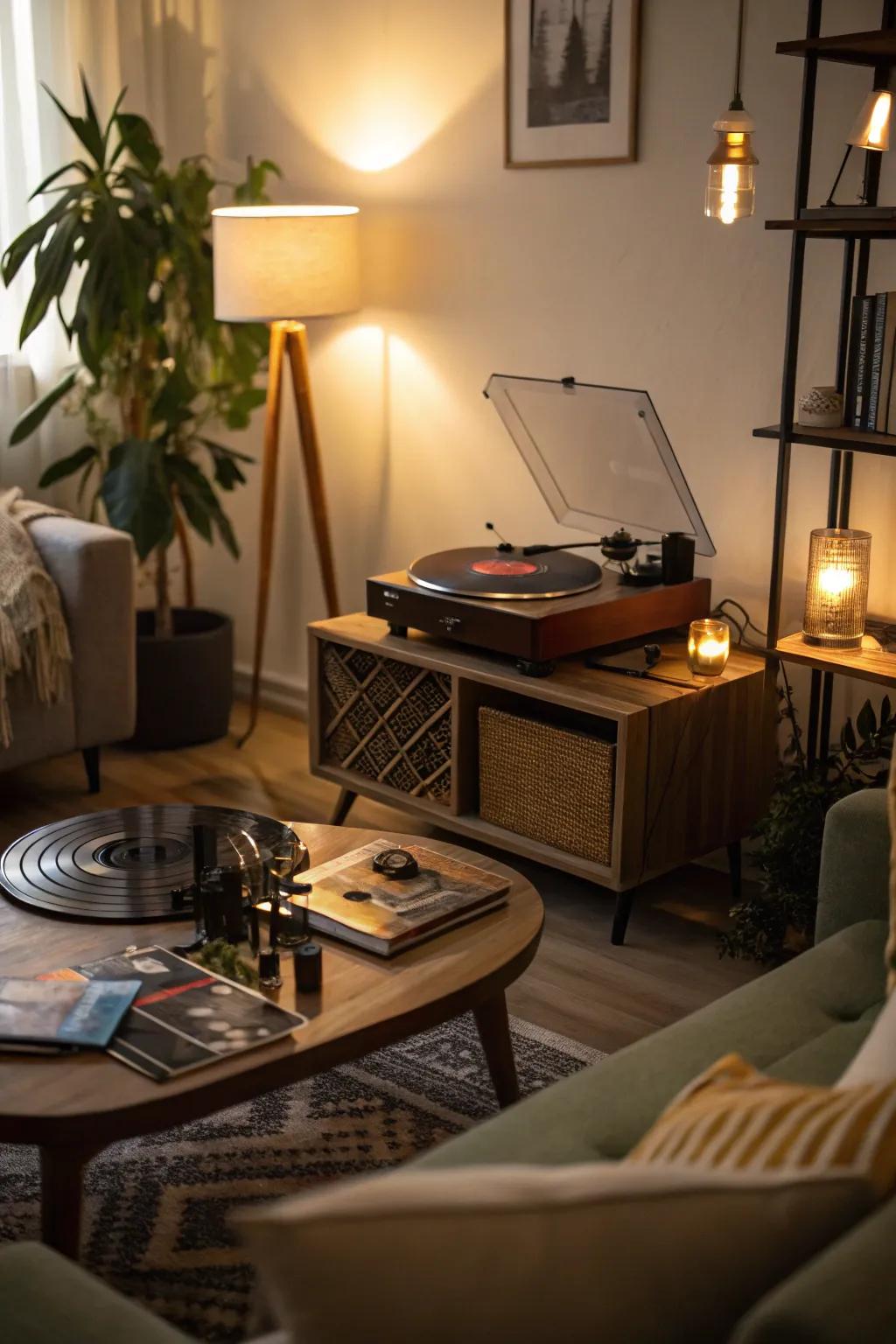 Ambient lighting adding warmth to a turntable area.