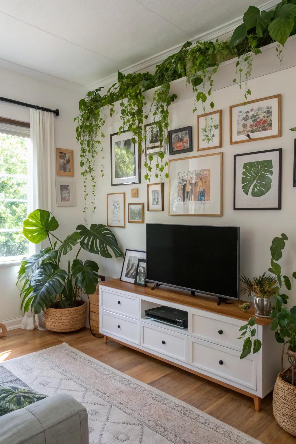 Greenery adds life to this stunning TV gallery wall.