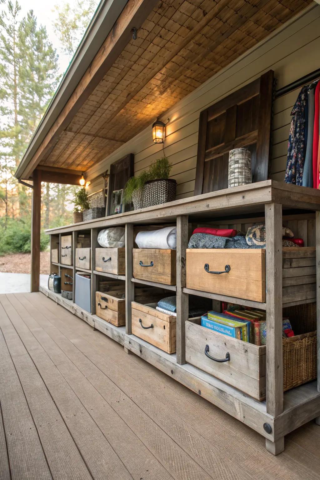 DIY sliding cubbies add functionality and charm to your under deck storage.