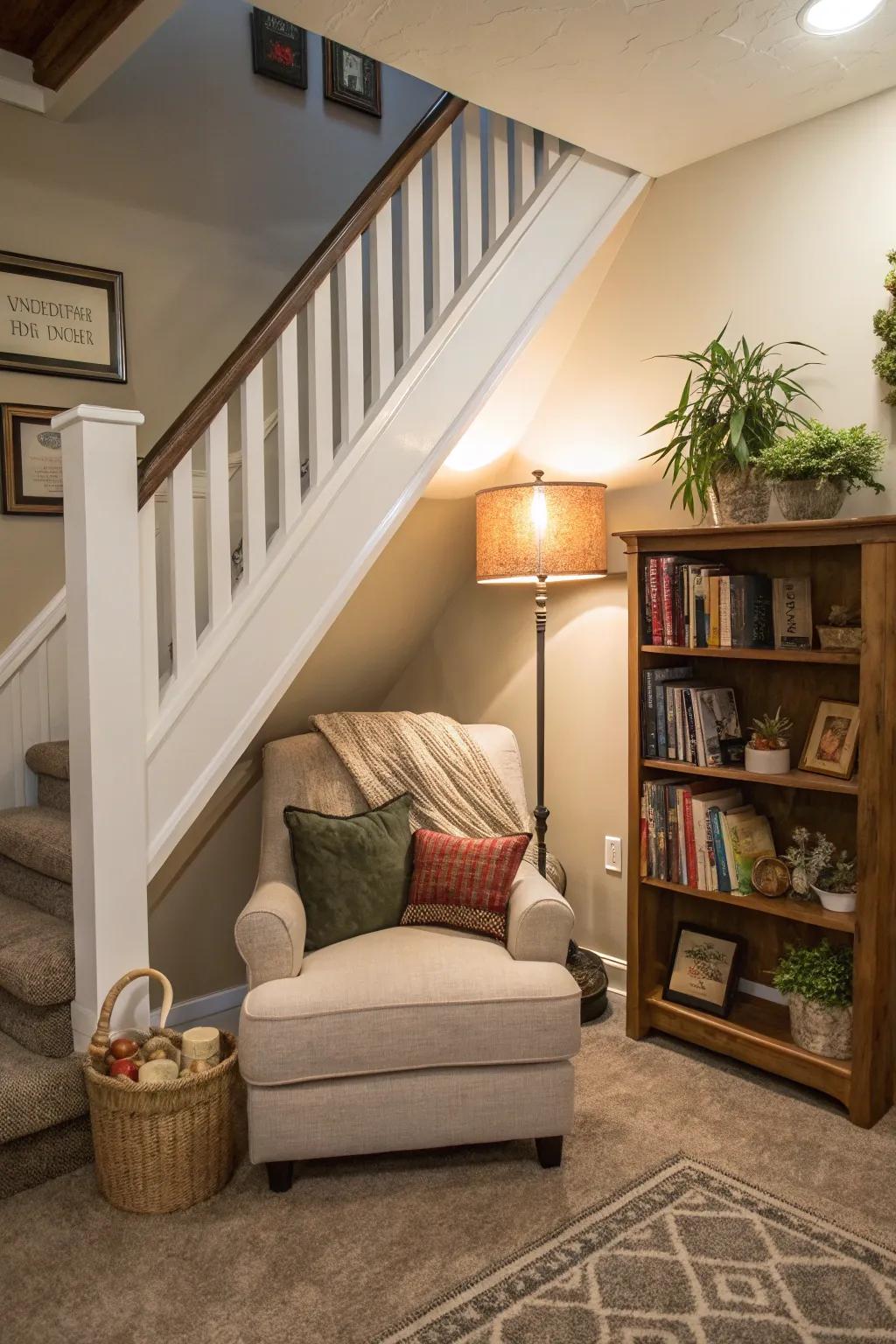 A reading nook under the stairs offers a quiet corner to unwind.