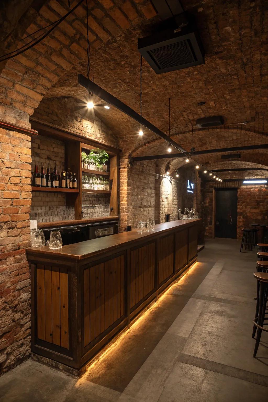 Brick accents provide a rustic charm to the basement bar.