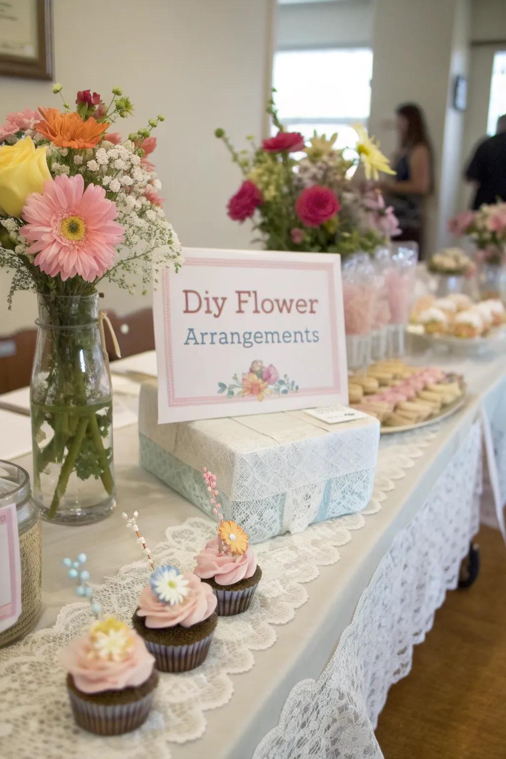 A creatively set table with DIY floral arrangements and personal touches.