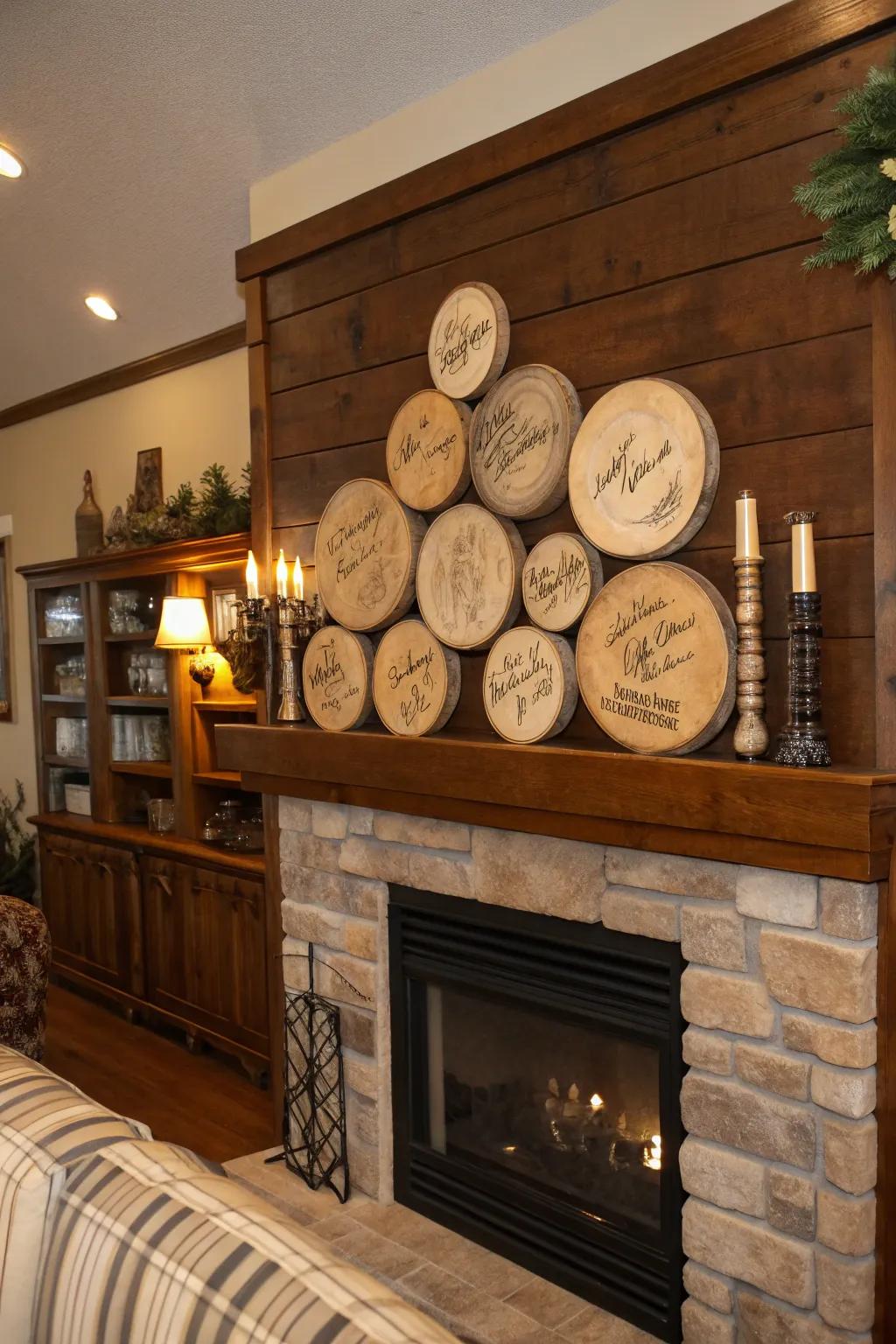 Rustic wooden discs transformed into a decorative masterpiece.