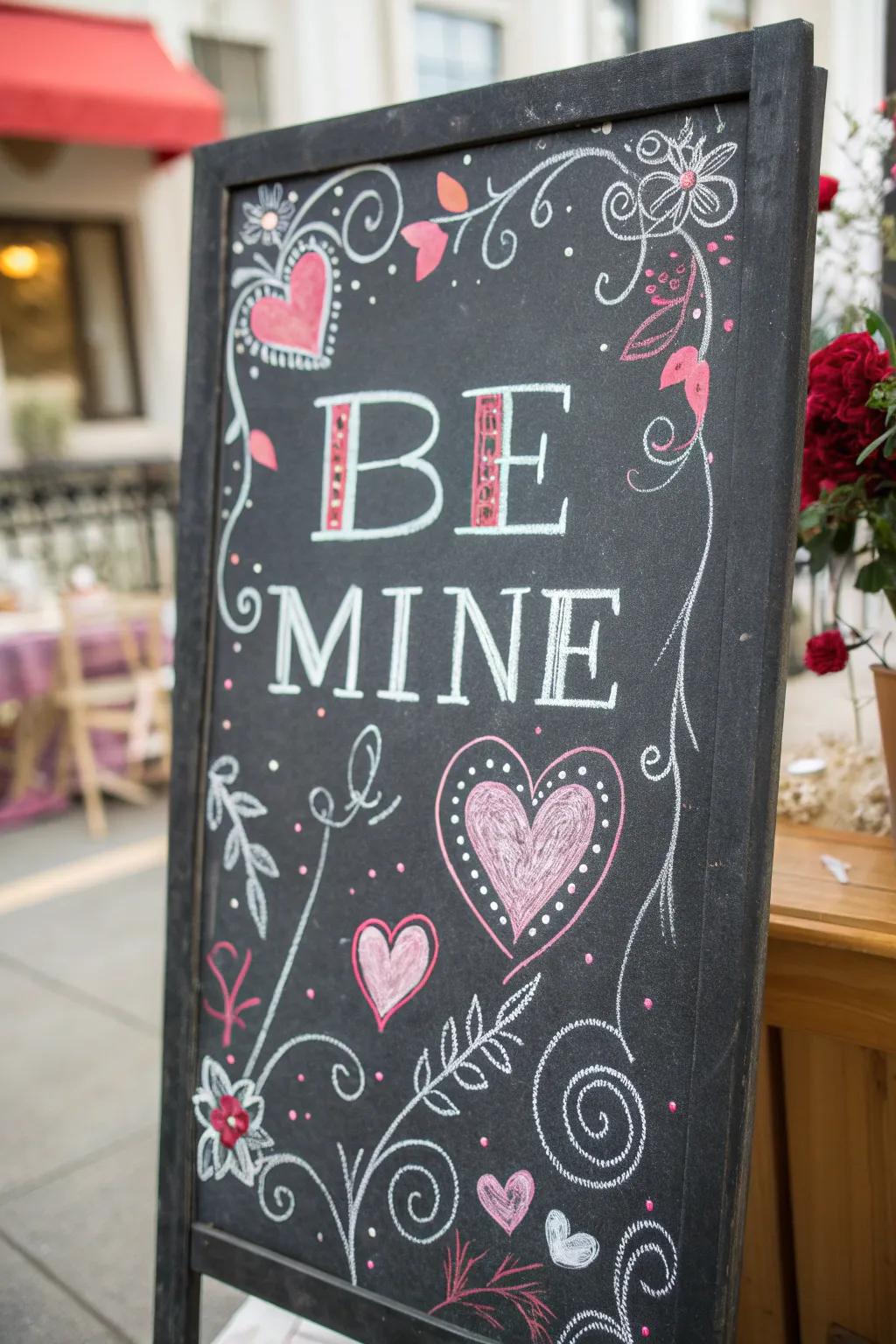 Chalkboard adorned with decorative borders and doodles.