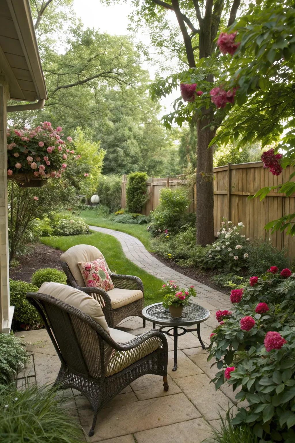 A cozy outdoor seating area nestled among lush garden plants.