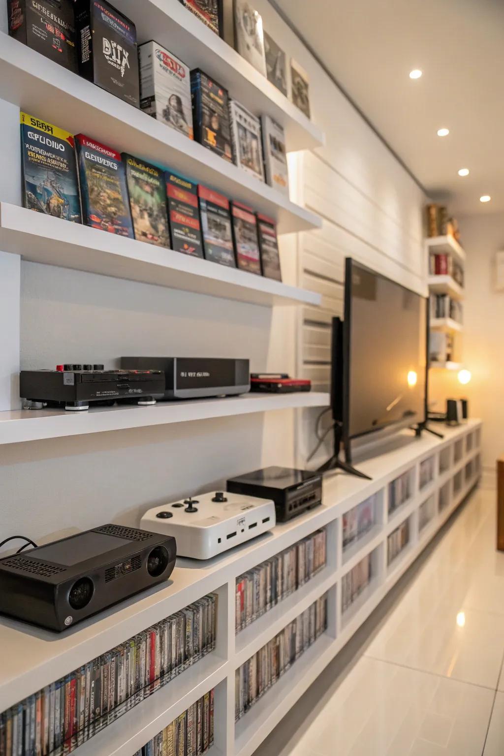 Wall-mounted shelves showcasing a video game collection.