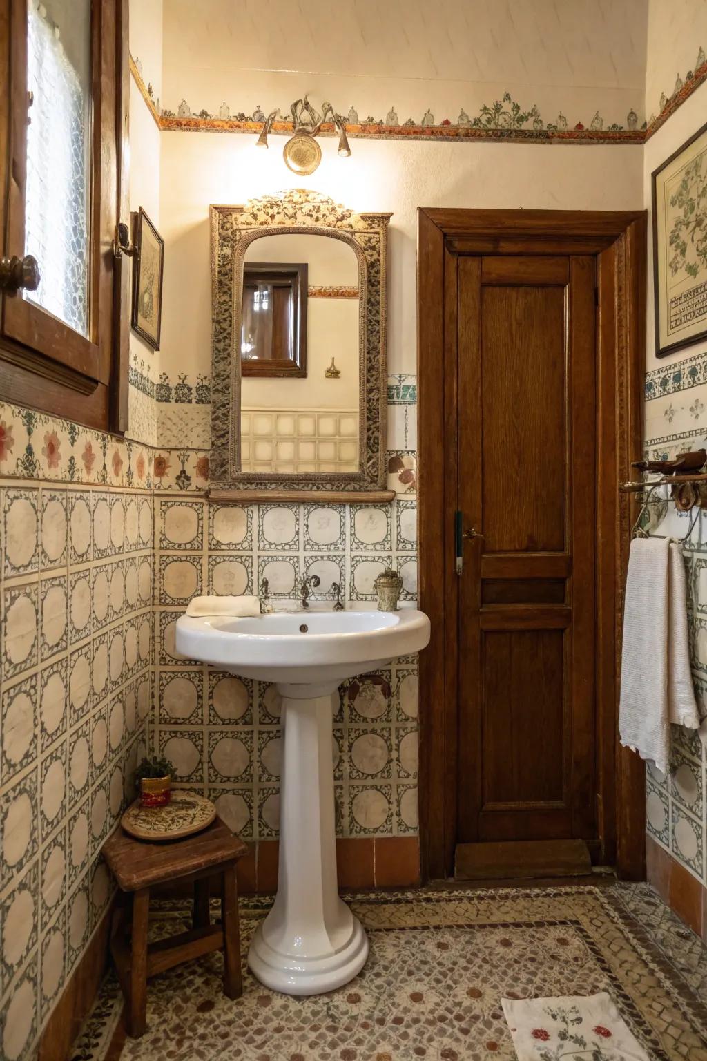 A pedestal sink adds a classic touch to vintage bathroom decor.