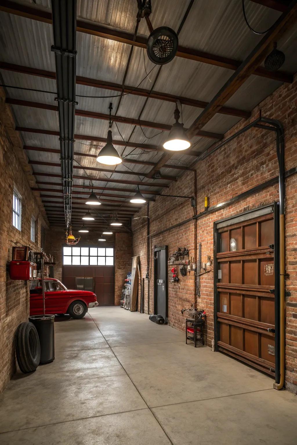 Industrial decor gives a vintage garage a rugged, timeless look.