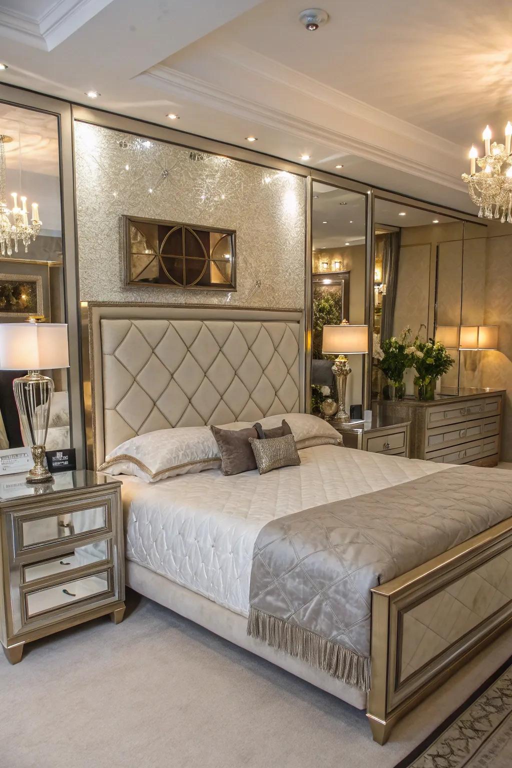 Mirrored panels enhance light and add a touch of glam to your bedroom.