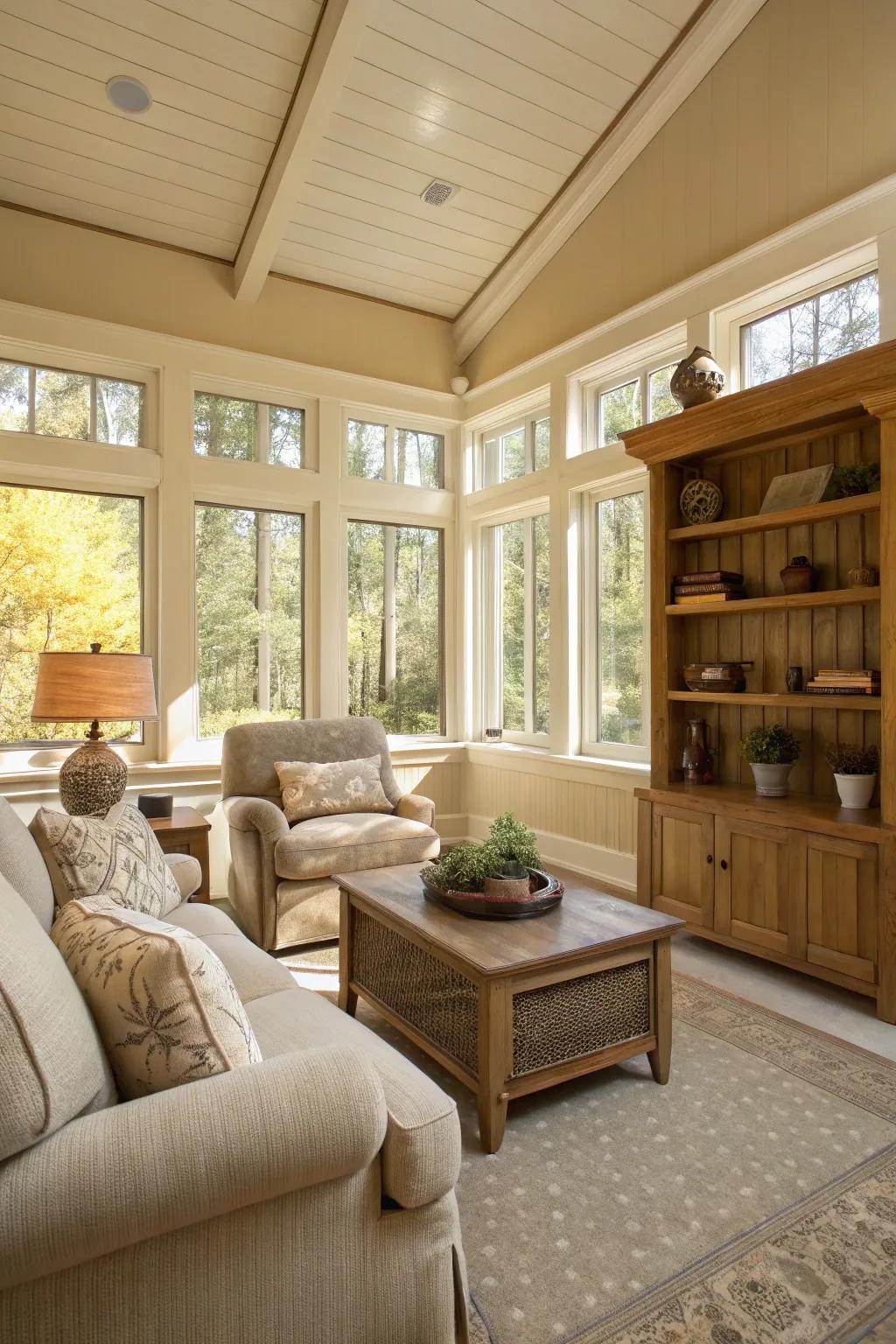 Sunroom with warm beige walls, offering a cozy and inviting space.