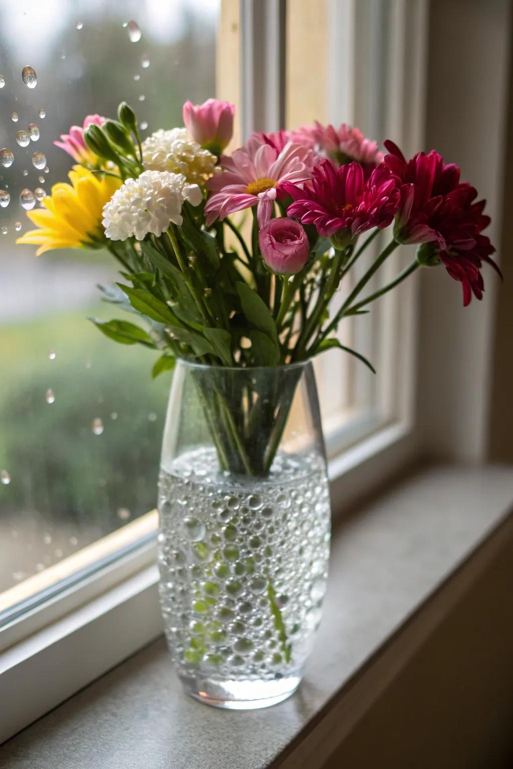 Fresh flowers with water beads bring natural beauty indoors.