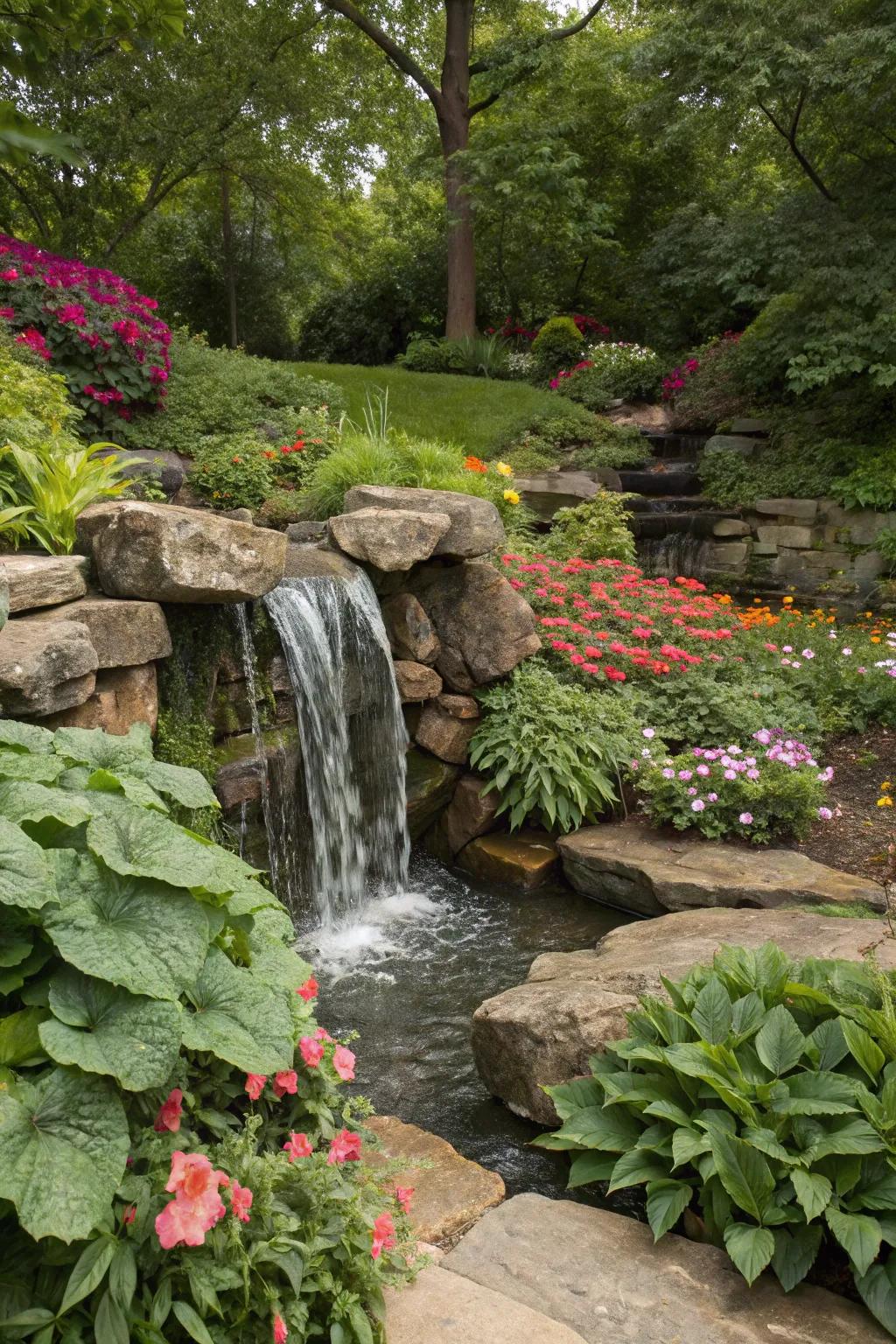 A harmonious blend of stones, plants, and flowers surrounding a garden waterfall.