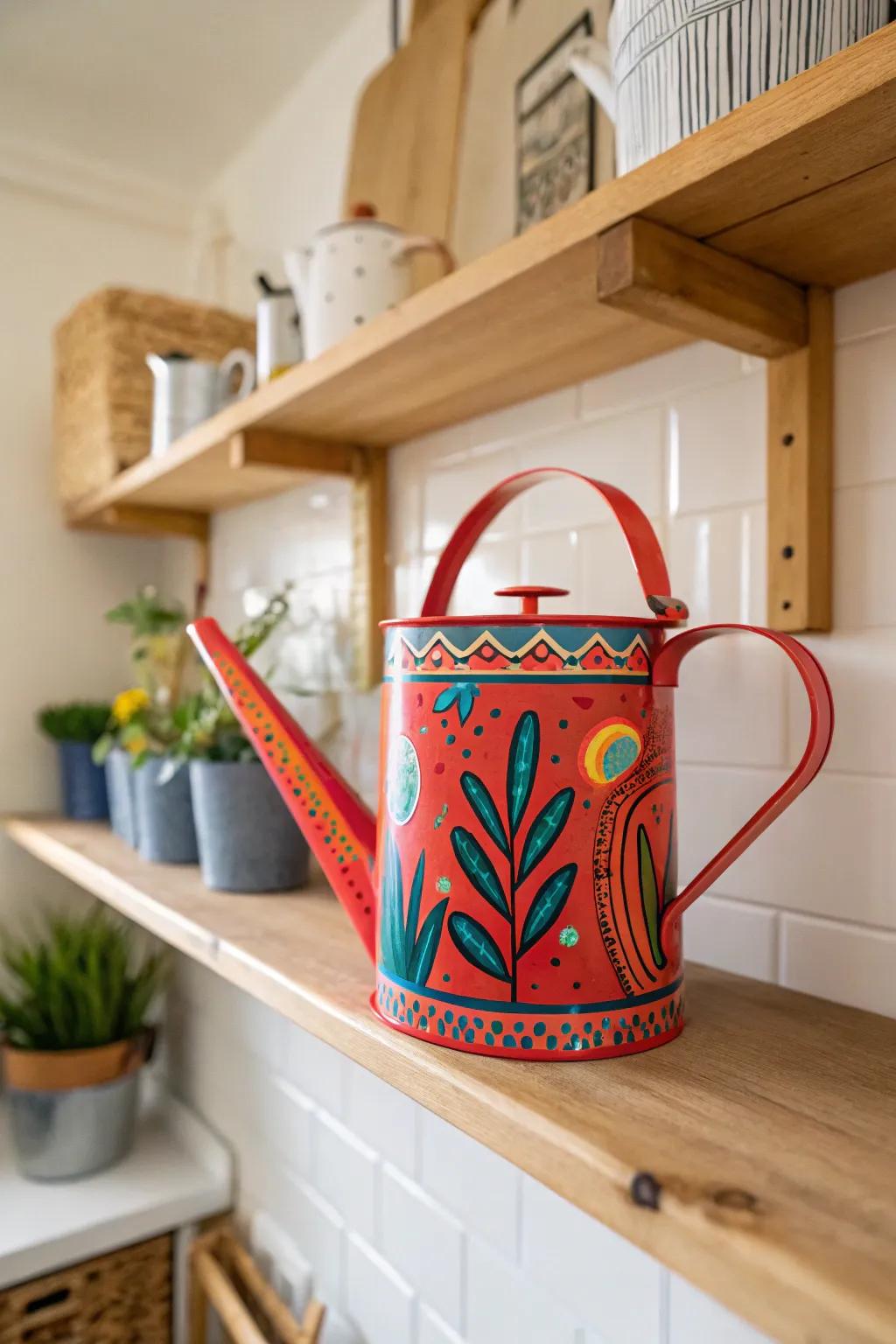 A watering can turned into a colorful art piece with paint.