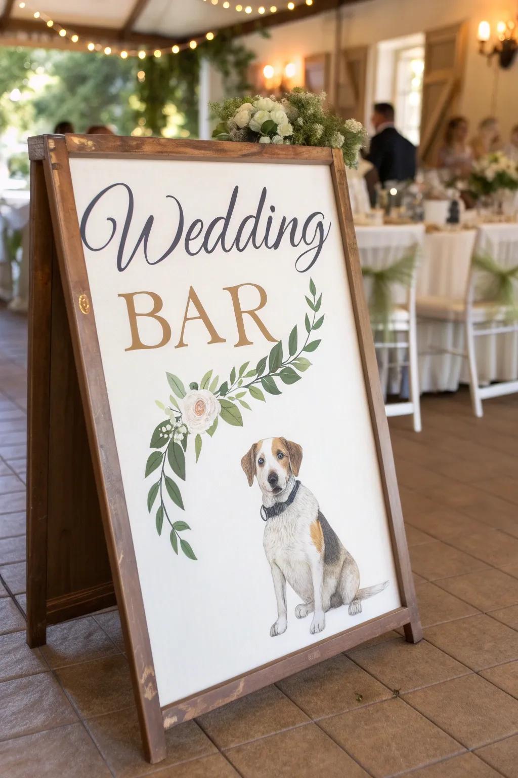 A personalized bar sign featuring a custom pet illustration.