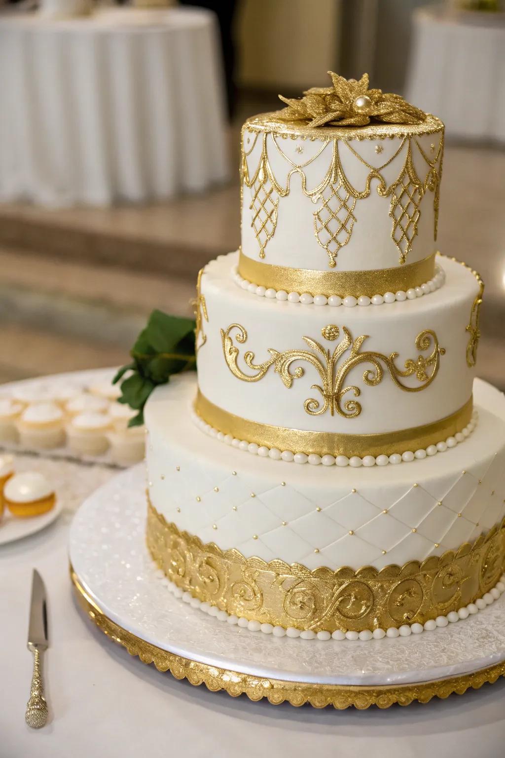 A wedding cake with gold metallic accents for added elegance.