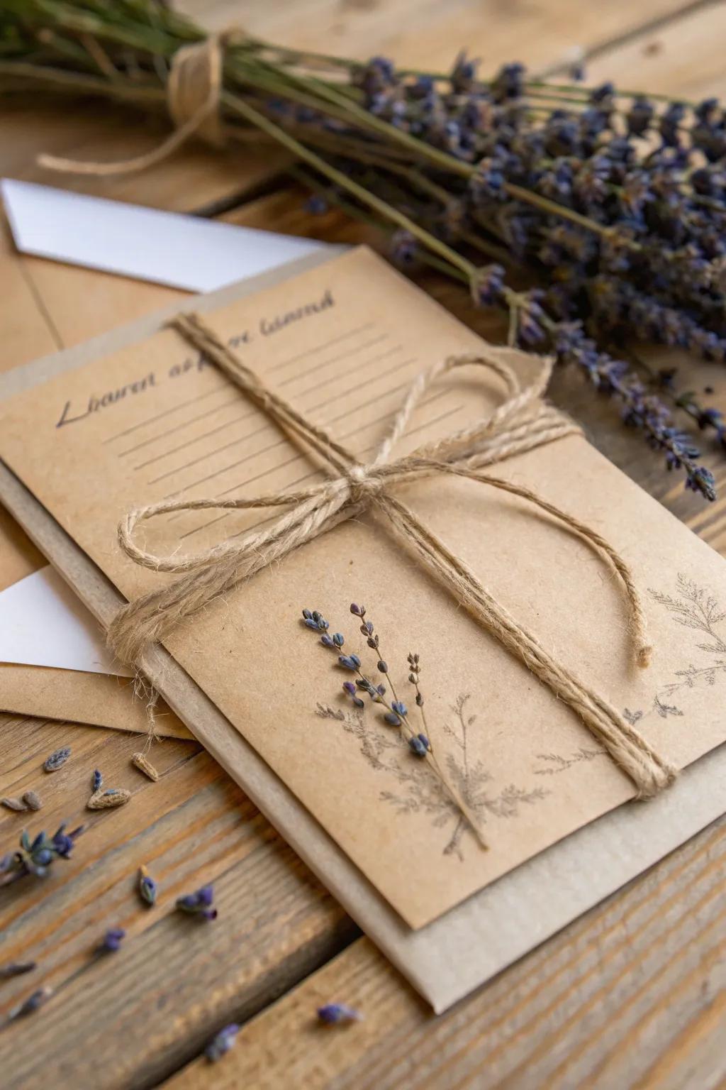 Rustic wedding invitation with kraft paper, exuding warmth and charm.