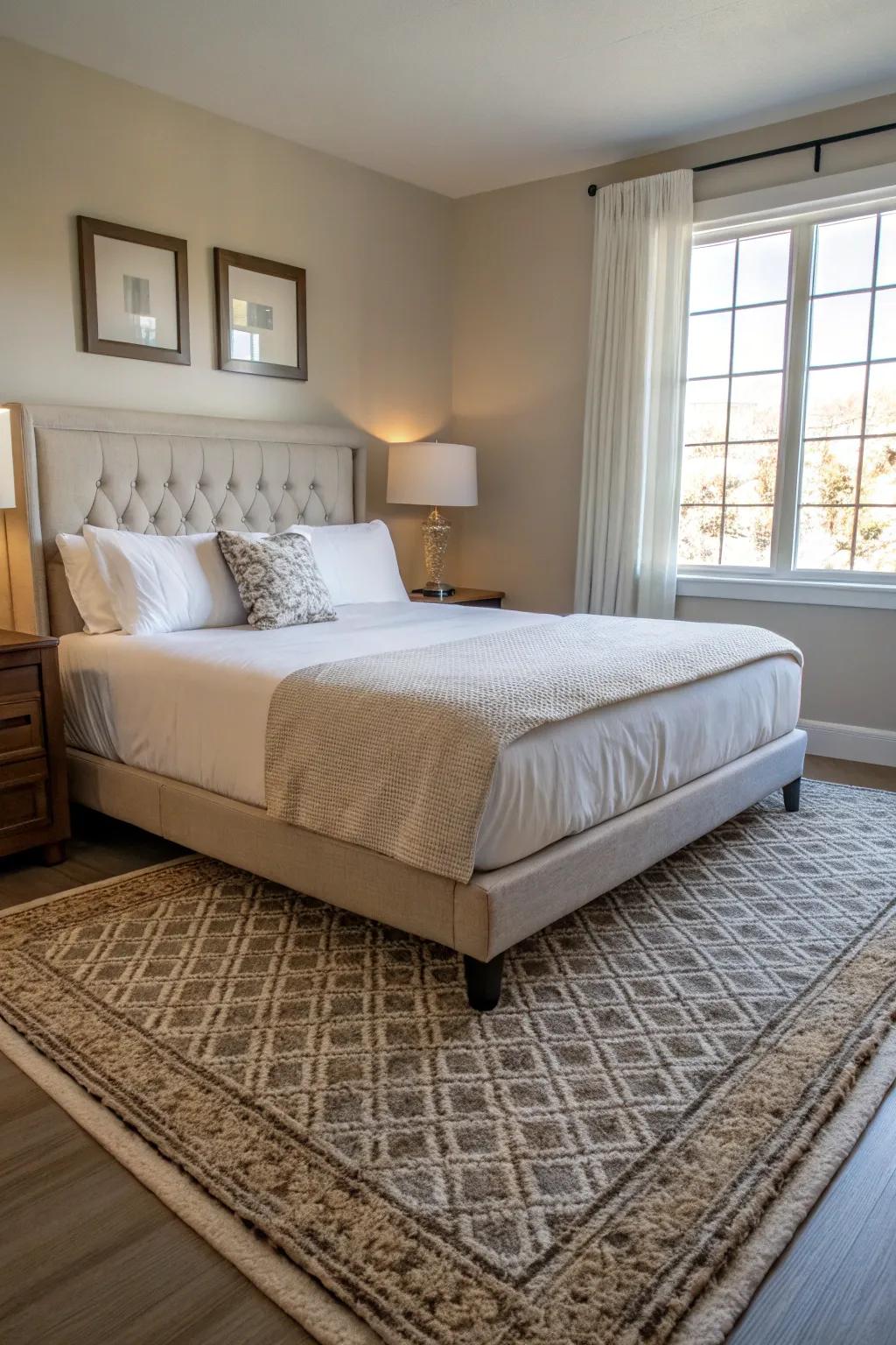 The 6x9 rug offers a balanced and versatile solution for a welcoming bedroom atmosphere.