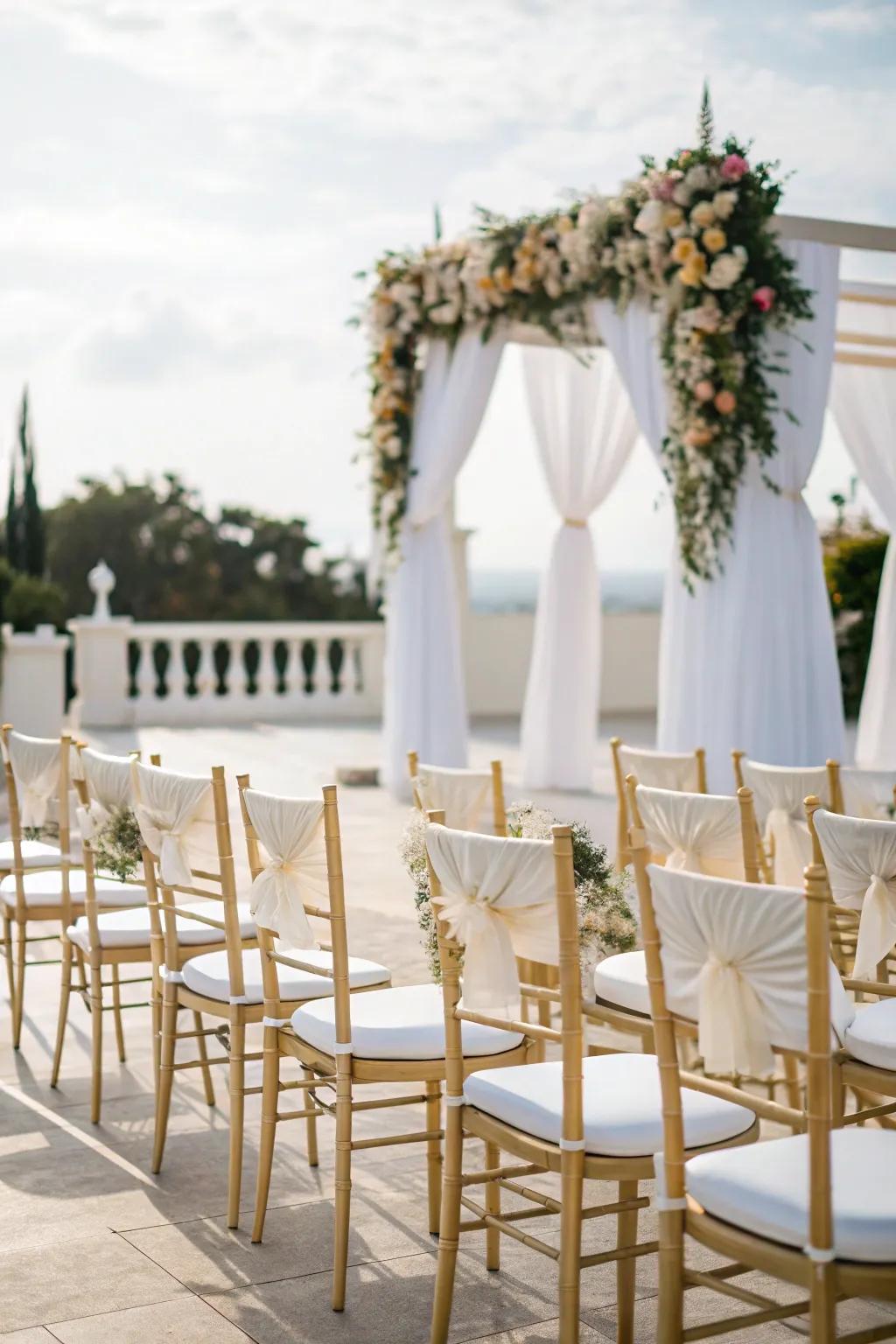 Opulent seating with white and gold chairs.