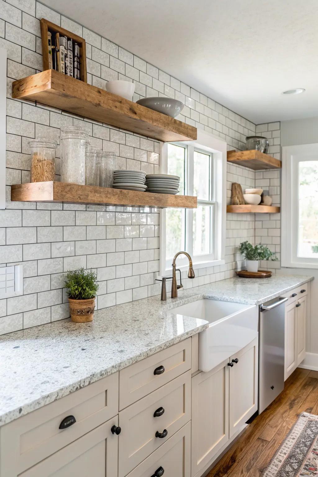 The rustic appeal of brick complements the sleekness of white ice granite.