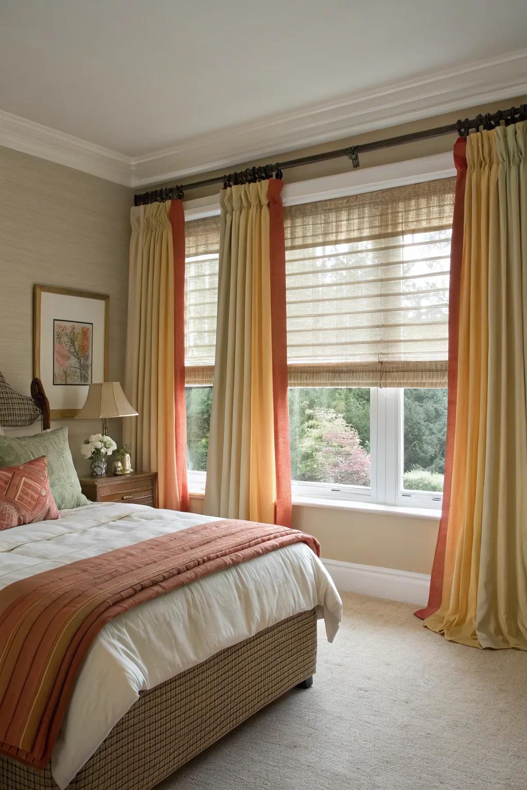 Layered curtains and blinds offer depth and control over natural light.