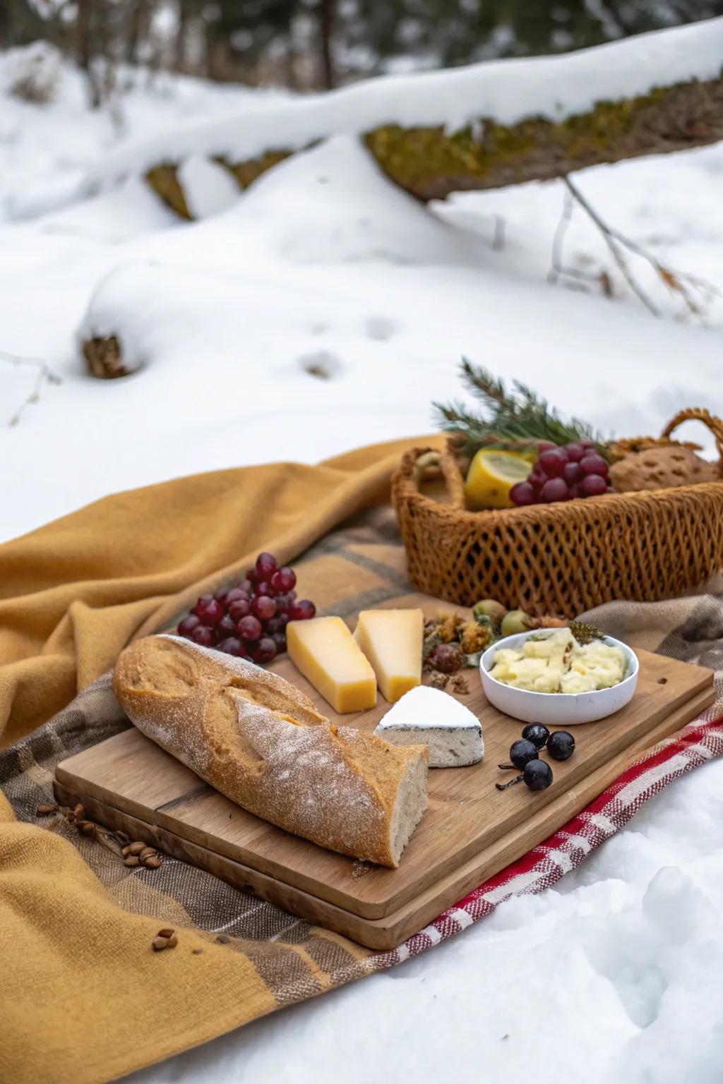 Rustic bread and cheese make a perfect picnic combination.