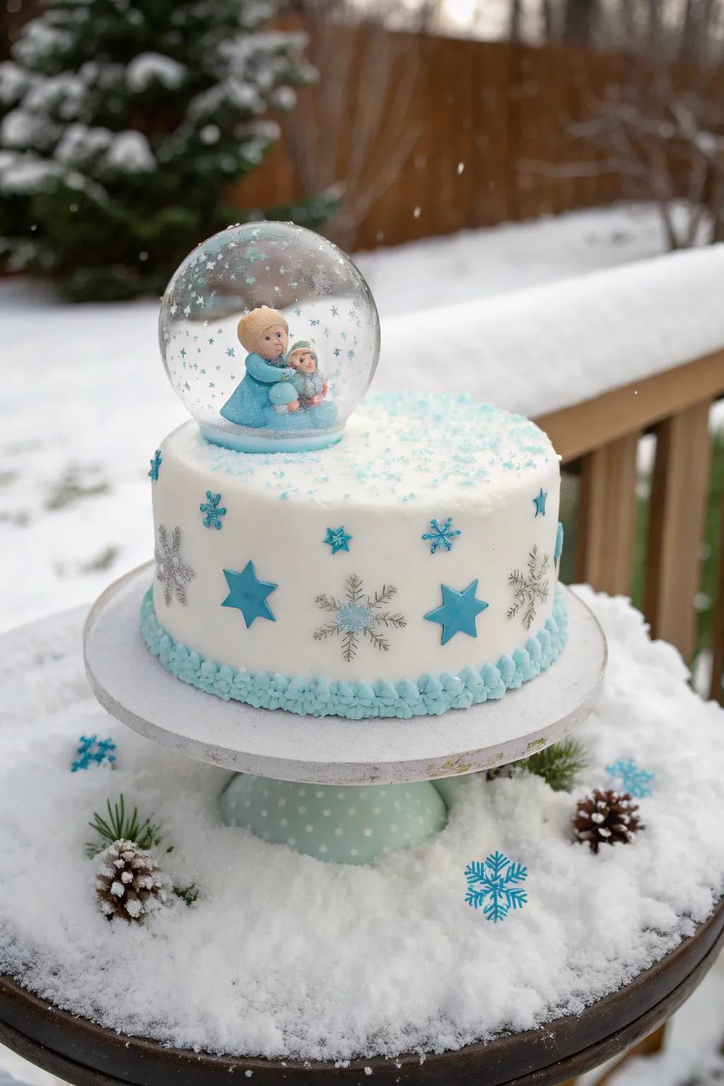 A whimsical snow globe cake with floating snowflakes.