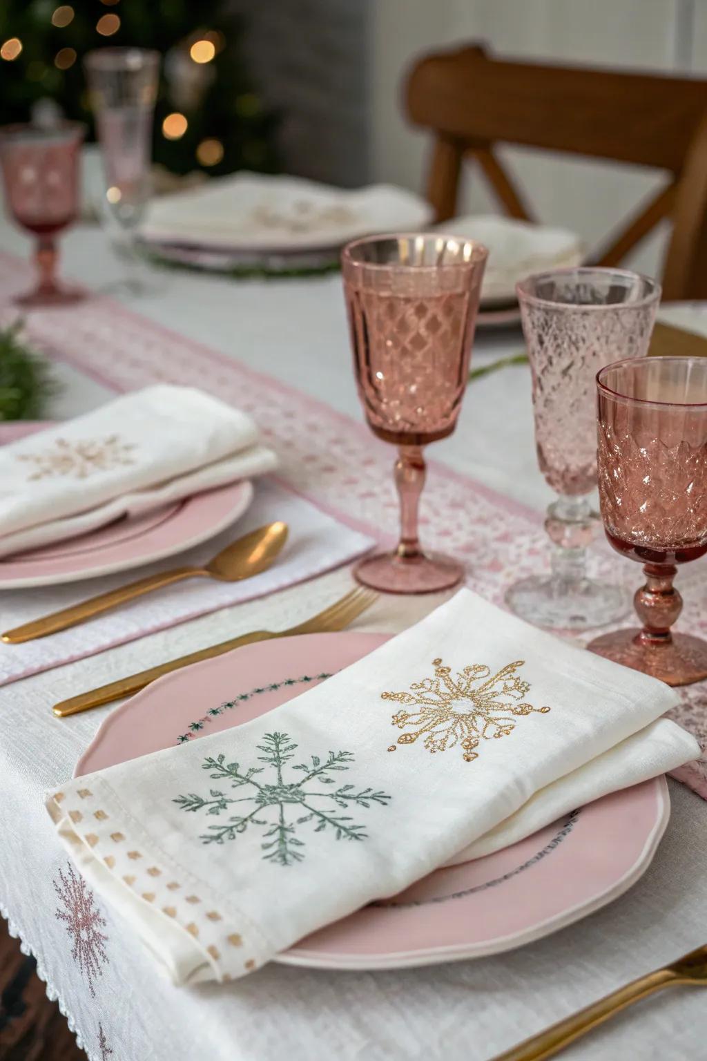 Elegant table settings with a snowy touch.