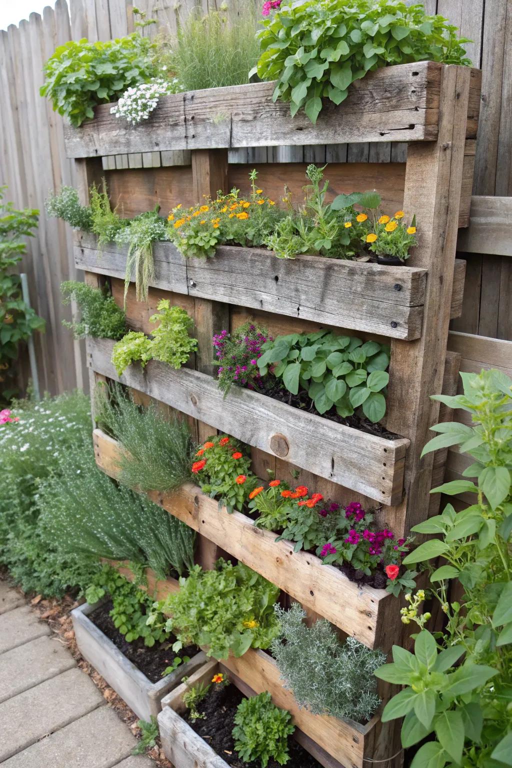 Repurpose pallets into stylish vertical planters.