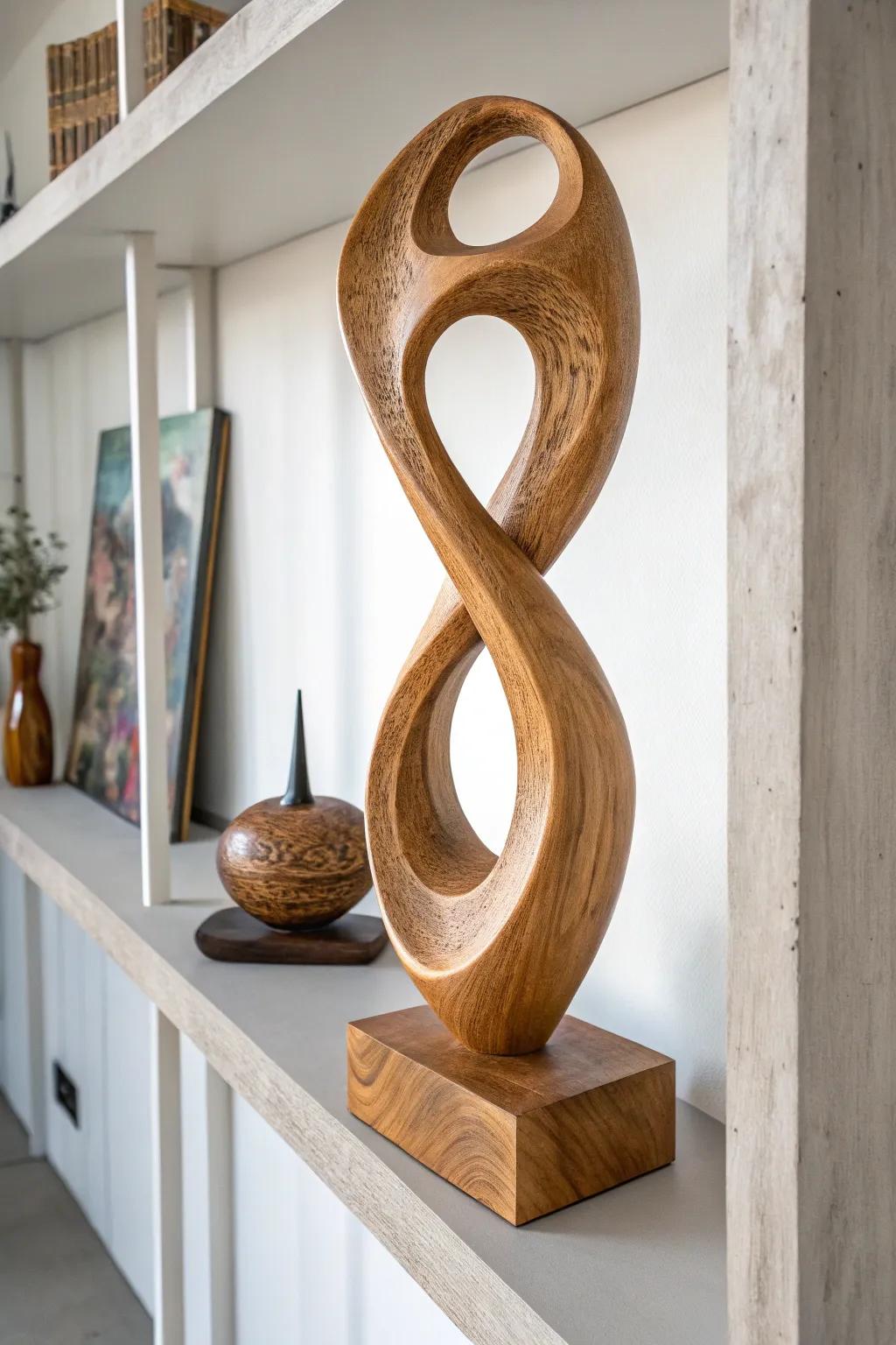 Enhance your space with a modern abstract wood sculpture.