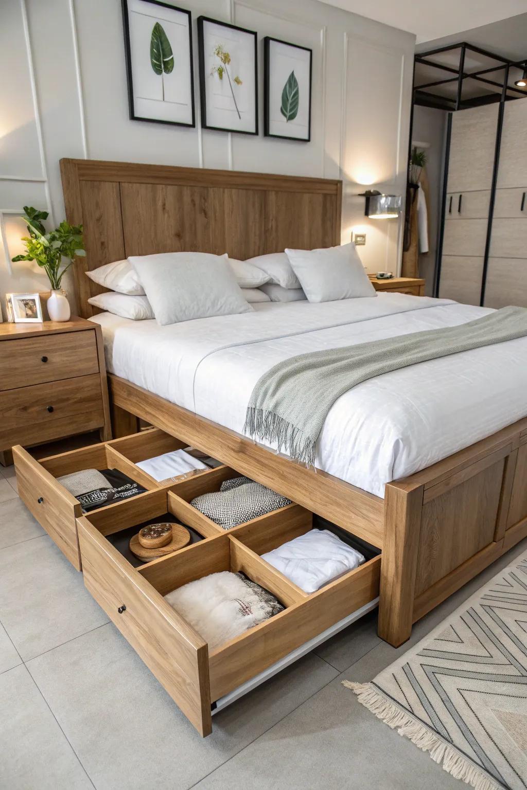 A wooden bed with clever storage solutions.