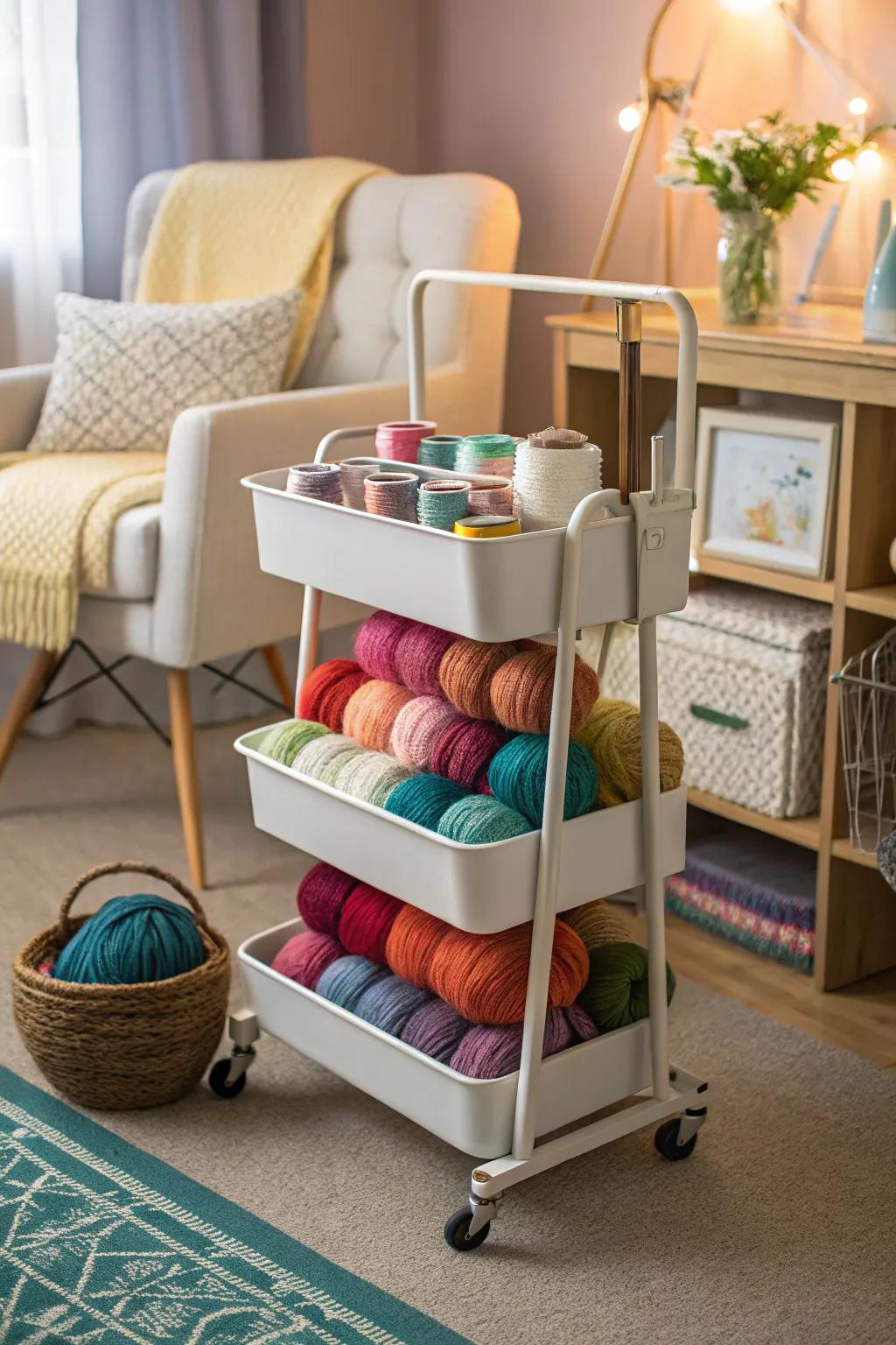 A rolling cart provides mobile yarn storage for flexible crafting.