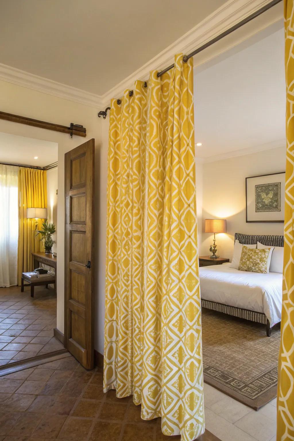 Patterned yellow curtains add personality and texture to the bedroom decor.